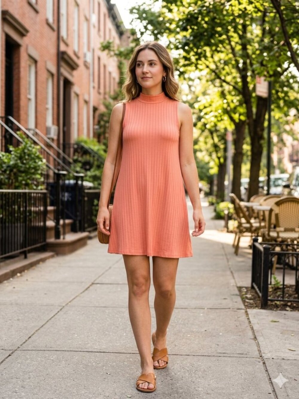 Ambiance Ribbed Mock Neck Swing Mini Dress Coral M